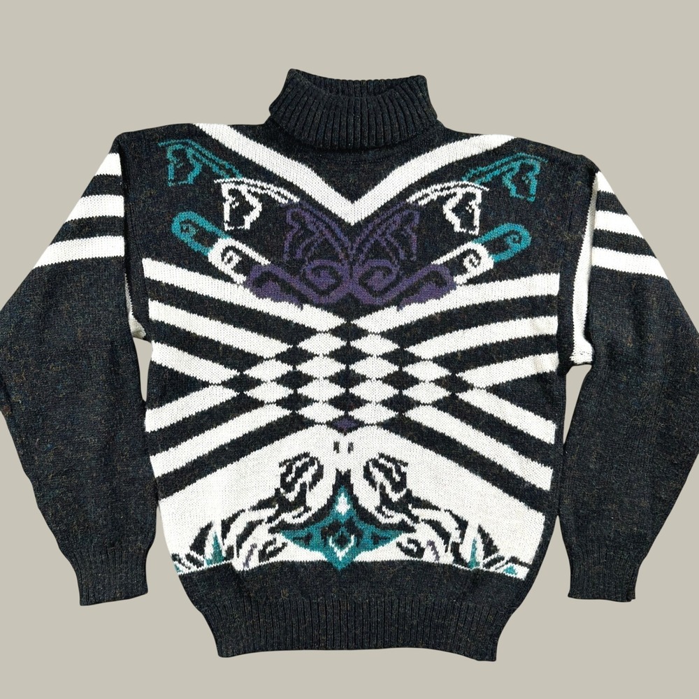 Vintage Concrete Mix Sweater Women M Black Geometric Turtleneck Knit Retro 80s